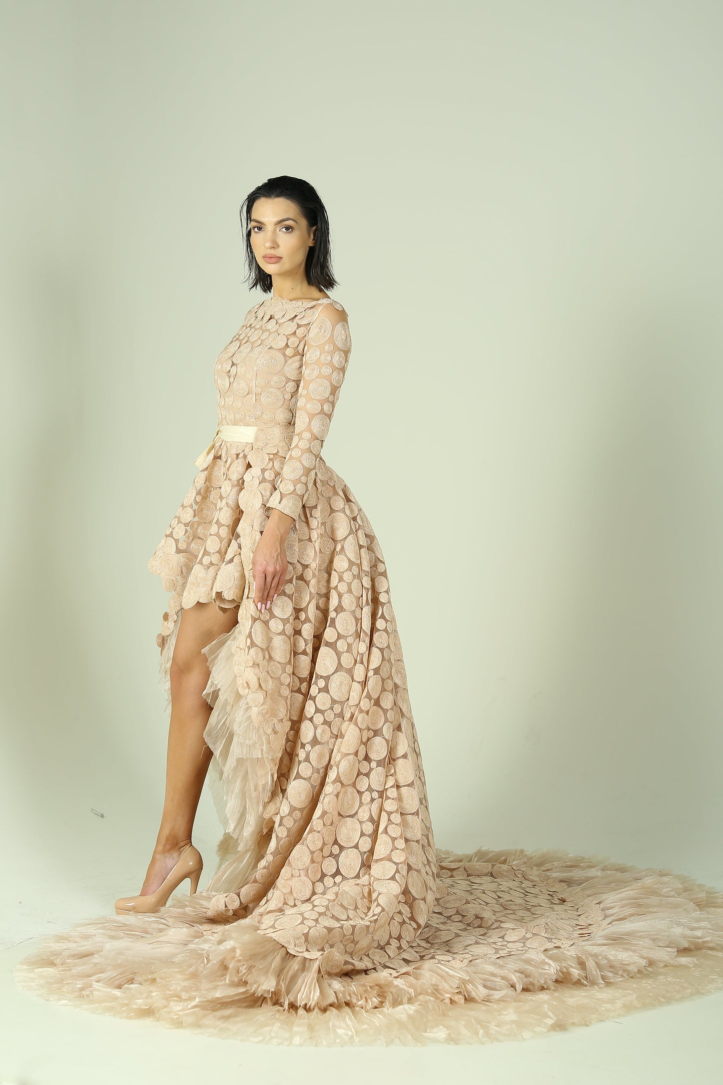 The Nude Embroidered Dress with Detachable Train