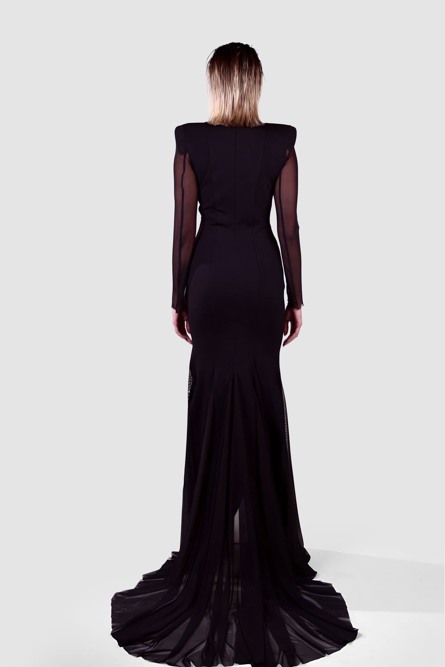 Noir Silhouette Mesh-Sleeve Gown