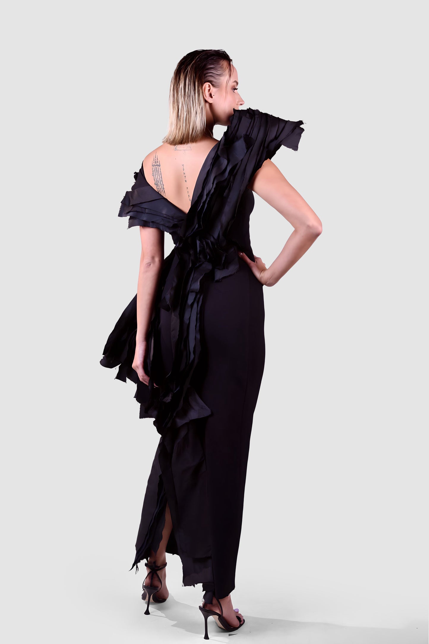 Noire Cascade Sculptural Gown