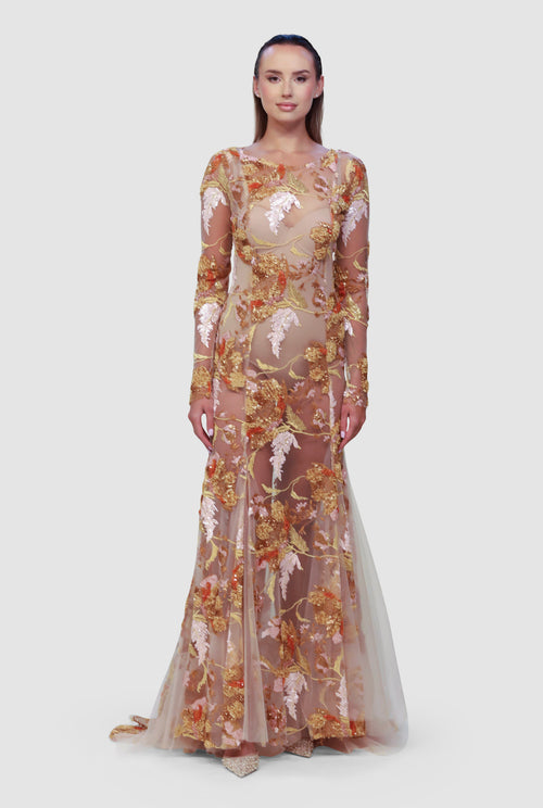 Golden Harvest Embroidered Illusion Gown