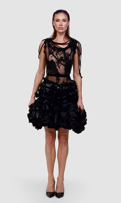 Noir Siren Lace & Ruffle Cocktail Dress