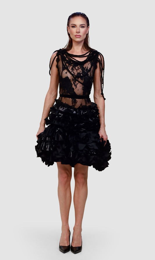Noir Siren Lace & Ruffle Cocktail Dress