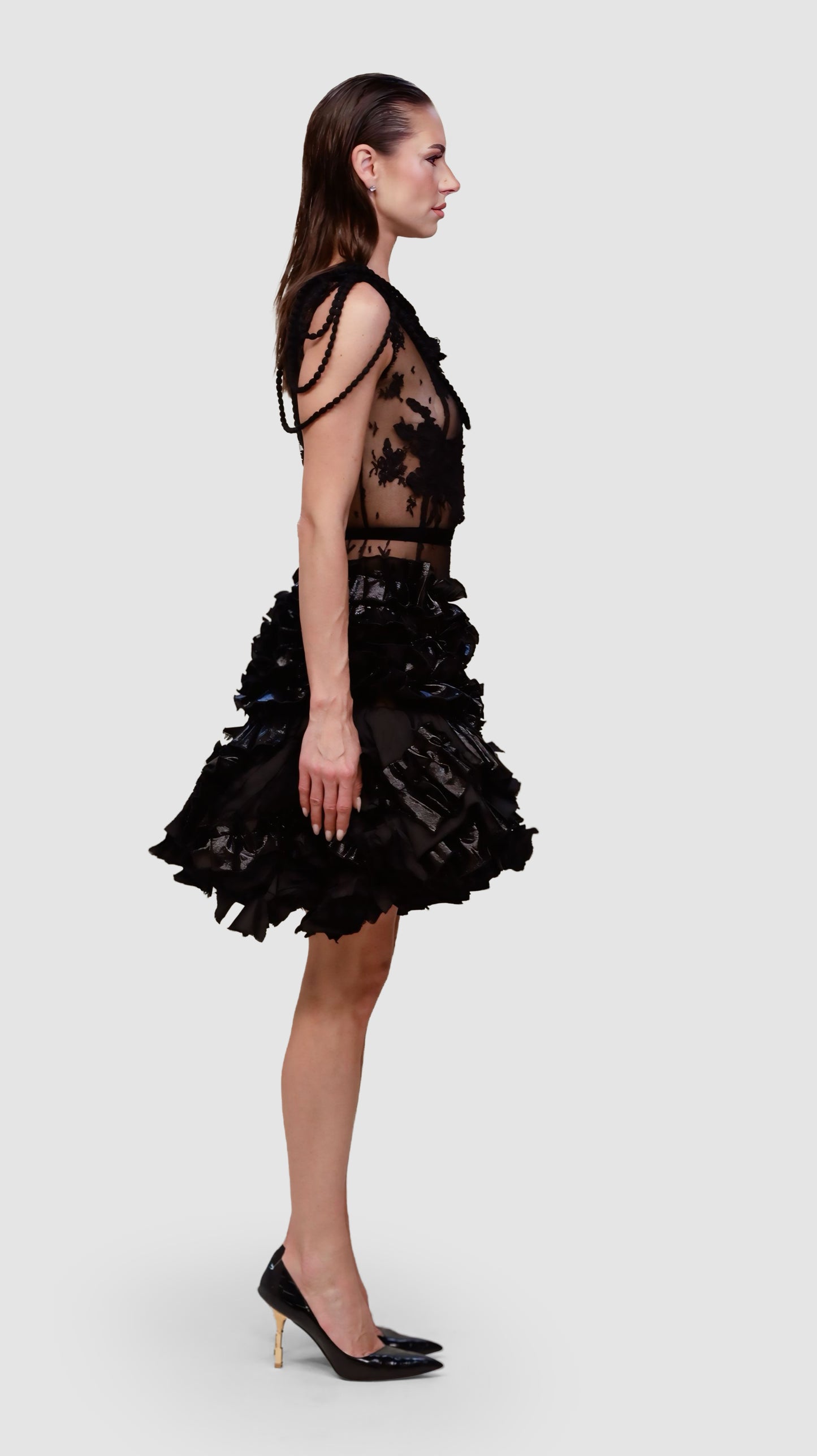Noir Siren Lace & Ruffle Cocktail Dress