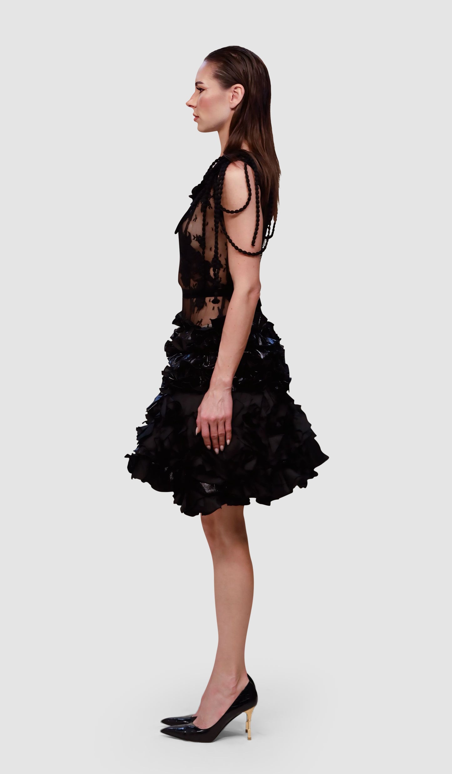 Noir Siren Lace & Ruffle Cocktail Dress