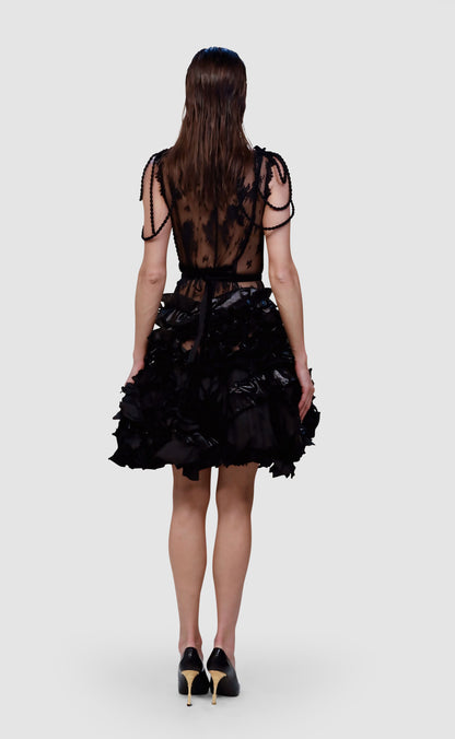 Noir Siren Lace & Ruffle Cocktail Dress