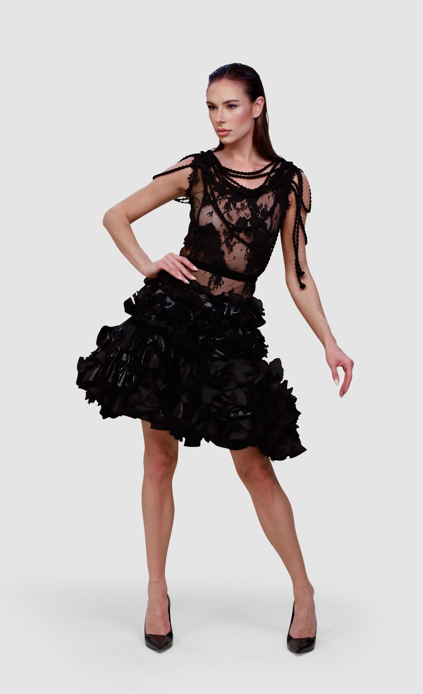 Noir Siren Lace & Ruffle Cocktail Dress