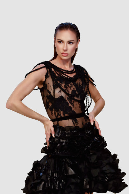 Noir Siren Lace & Ruffle Cocktail Dress