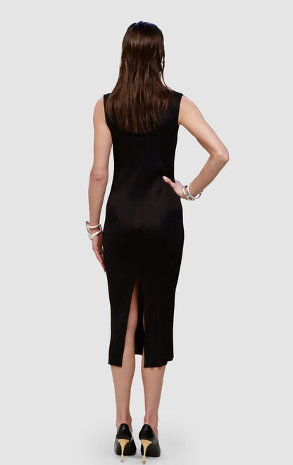 Plissé Minimal Black Dress with Long Plissé Duster