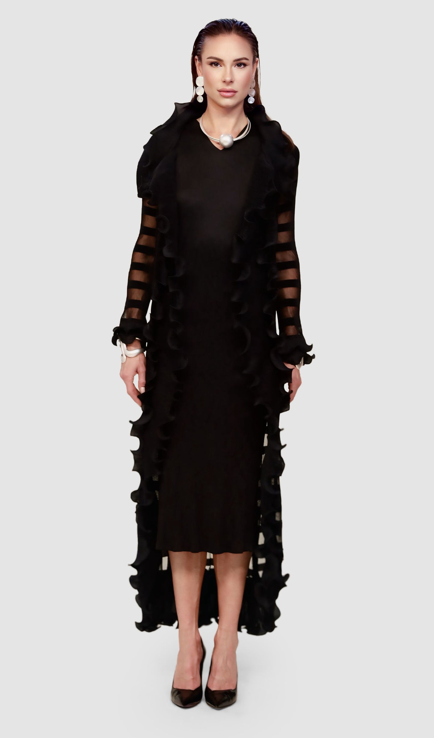 Plissé Minimal Black Dress with Long Plissé Duster