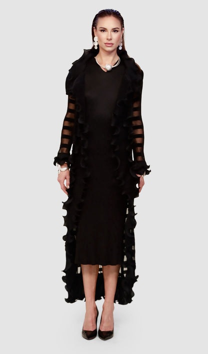 Plissé Minimal Black Dress with Long Plissé Duster