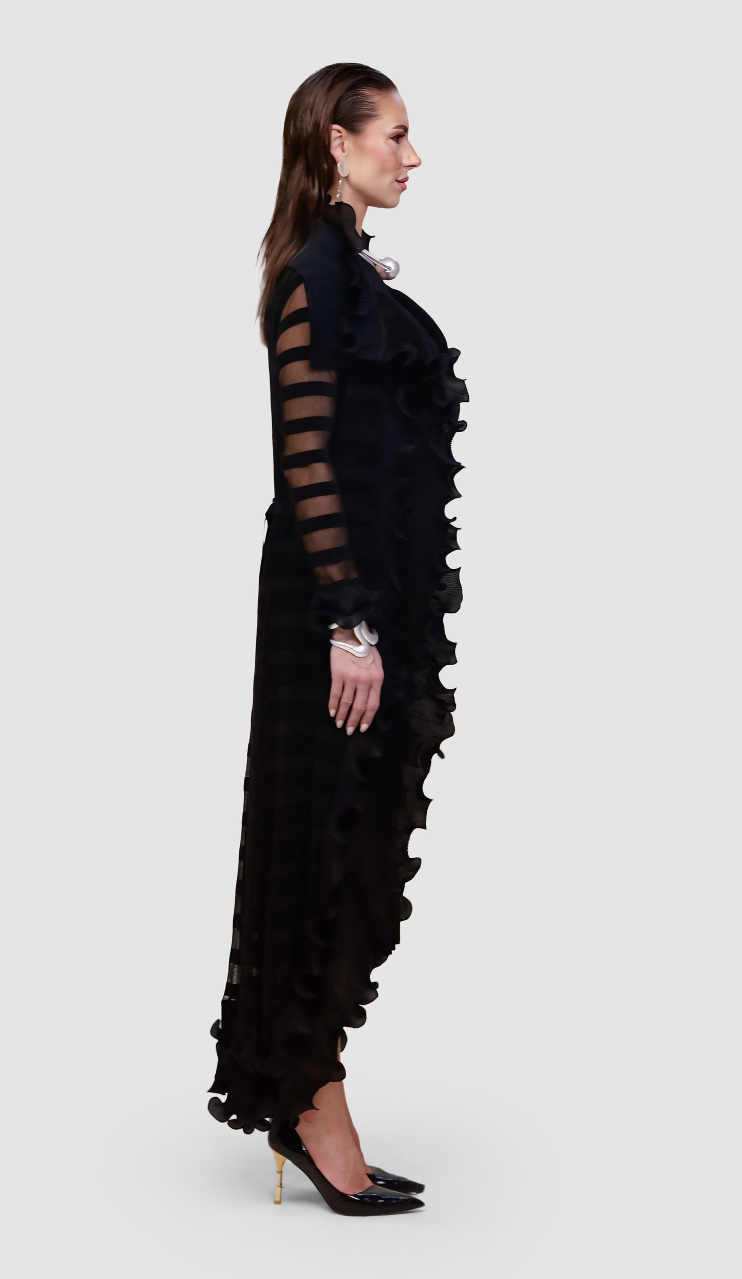 Plissé Minimal Black Dress with Long Plissé Duster