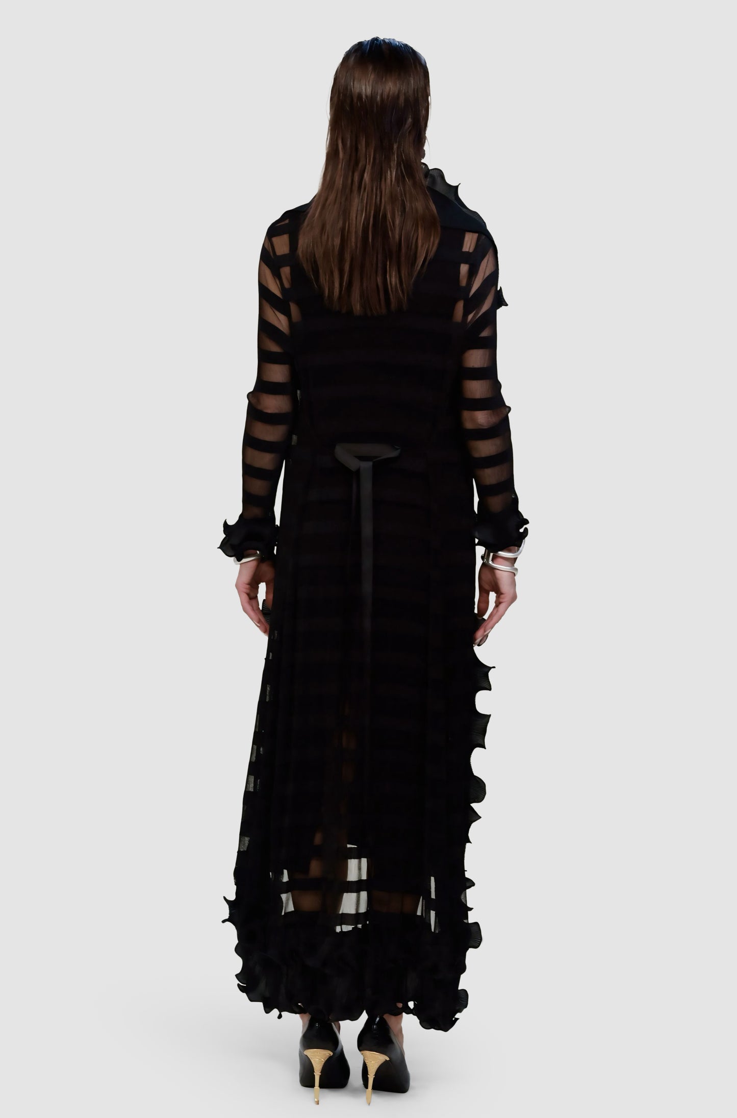 Plissé Minimal Black Dress with Long Plissé Duster