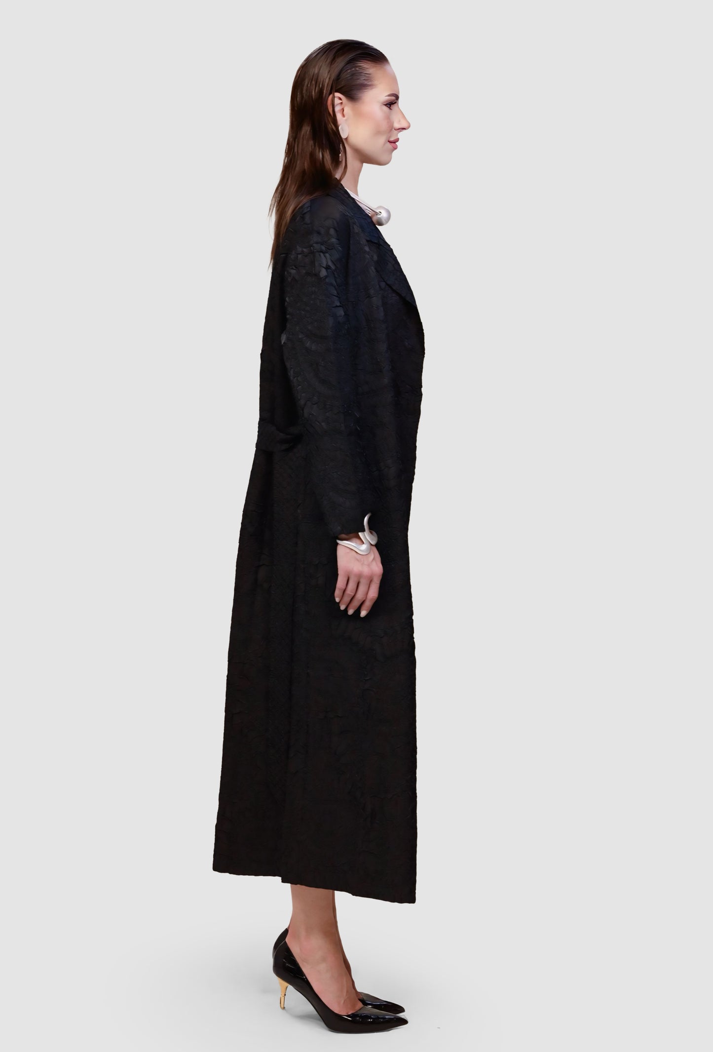 Long Plissé Textured Duster Coat