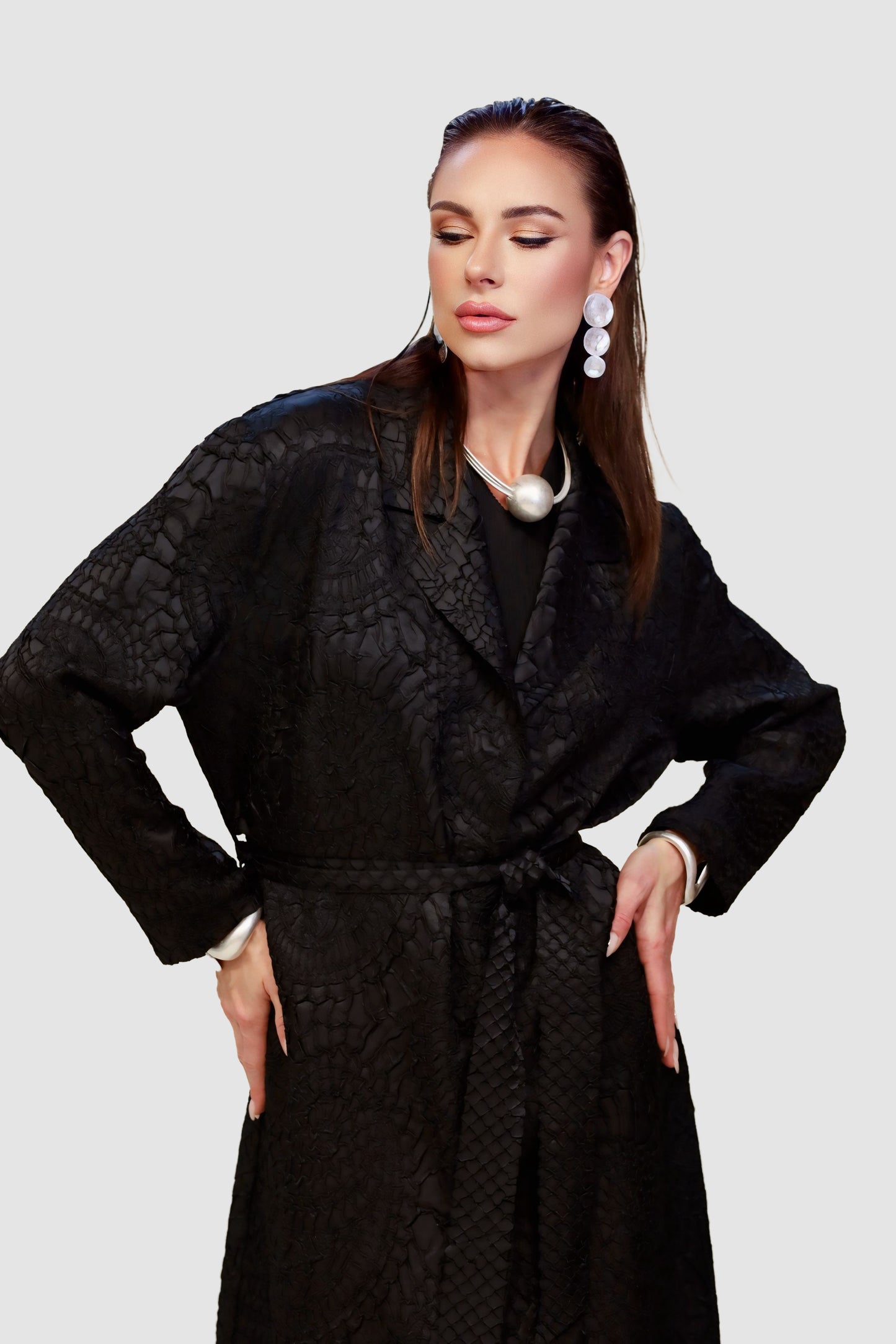 Long Plissé Textured Duster Coat