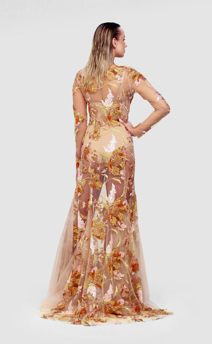 Golden Harvest Embroidered Illusion Gown