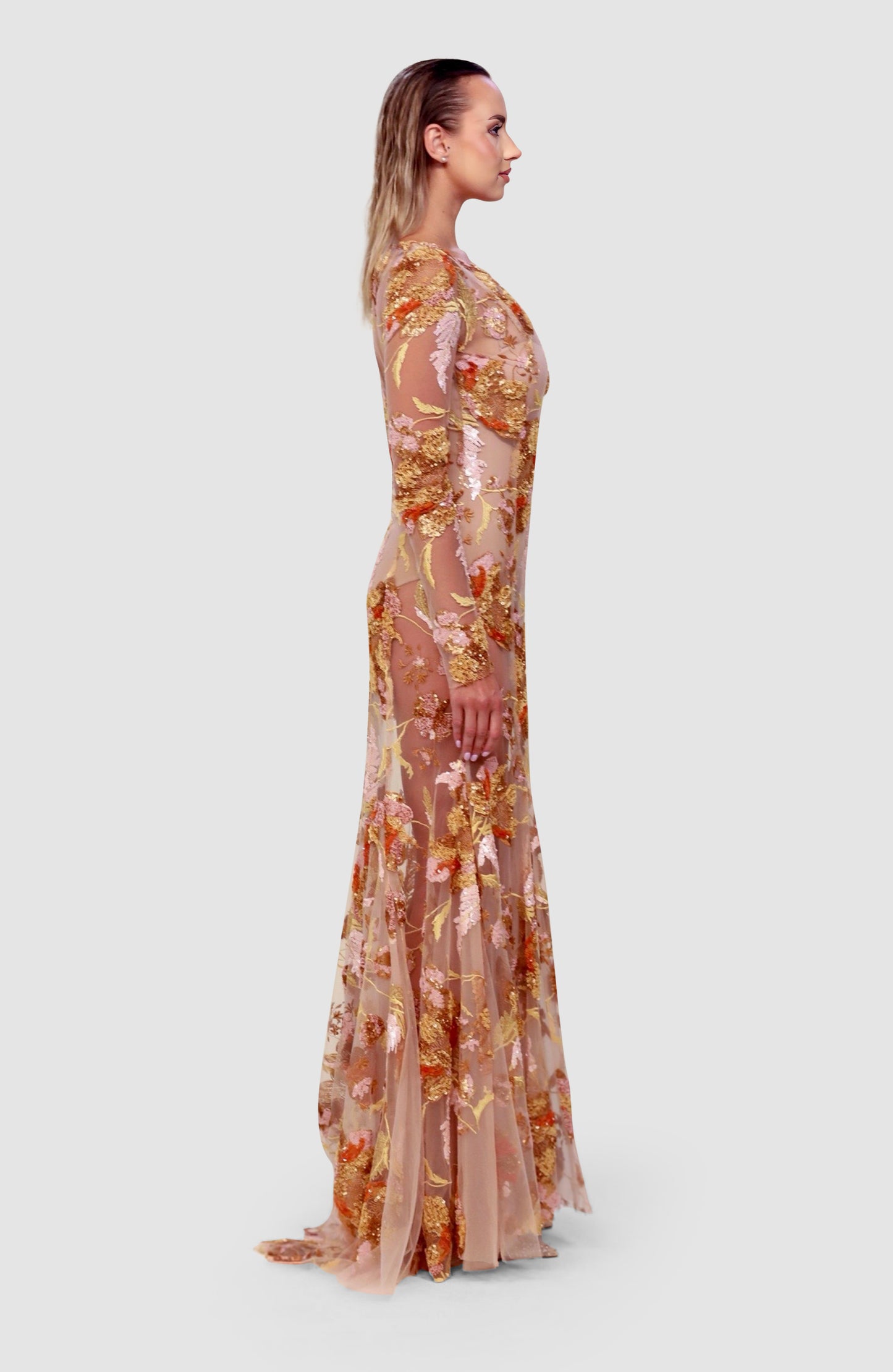 Golden Harvest Embroidered Illusion Gown