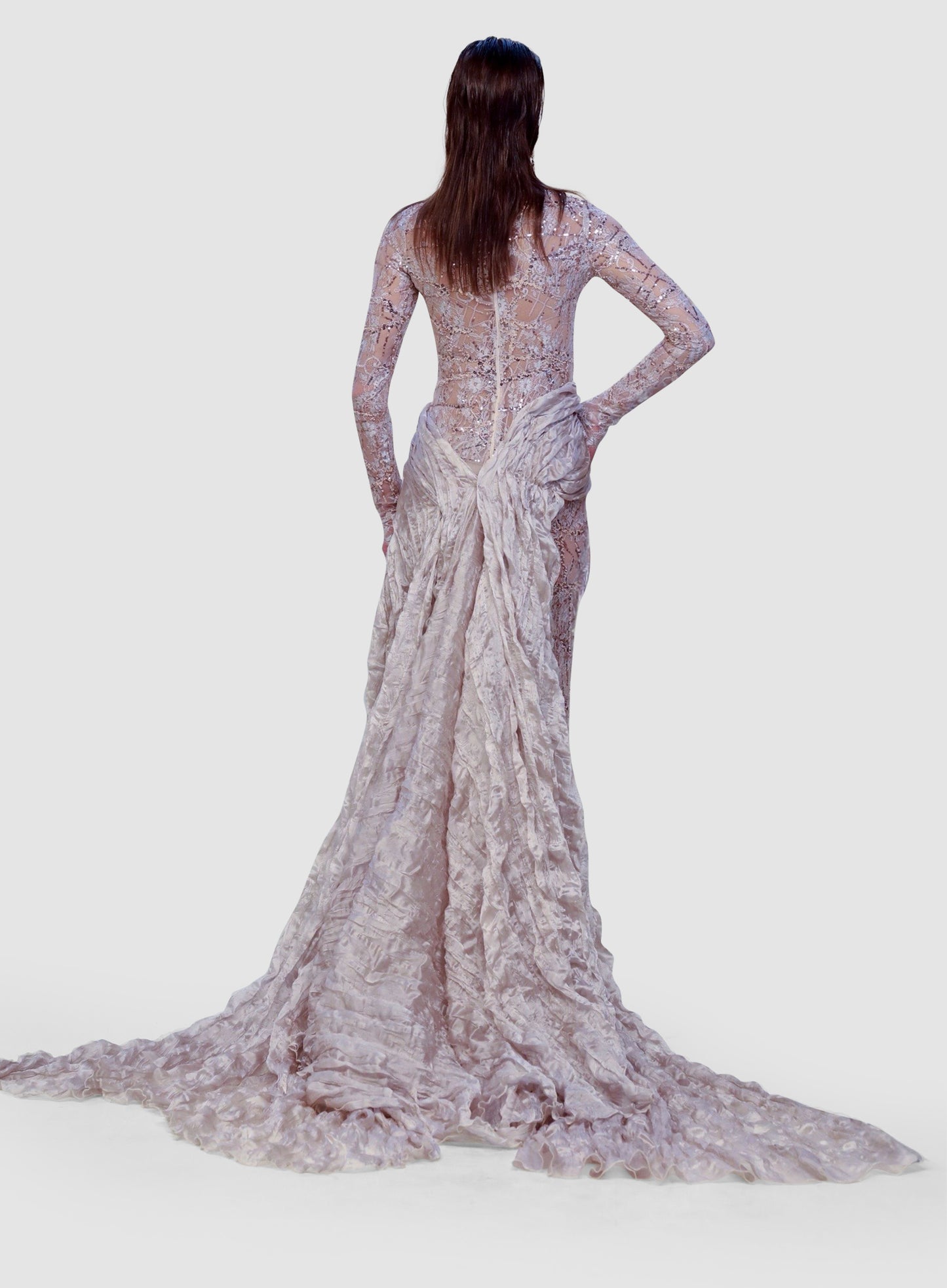 Champagne Lace Drape Gown