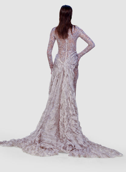 Champagne Lace Drape Gown