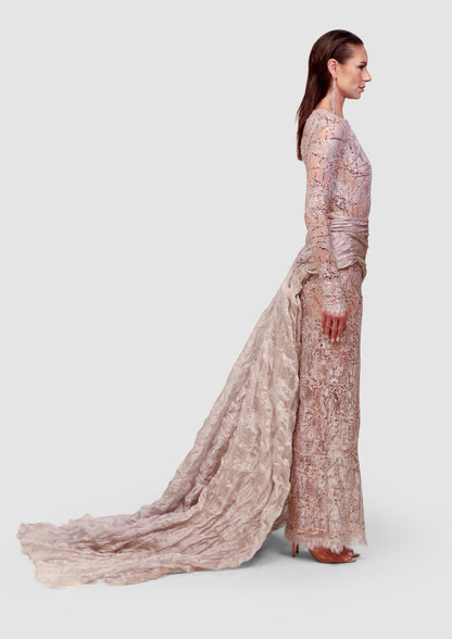 Champagne Lace Drape Gown