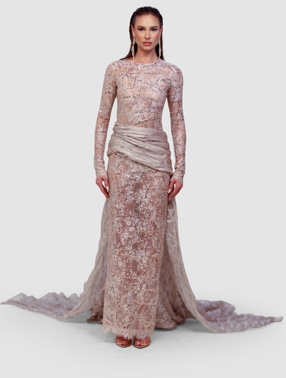 Champagne Lace Drape Gown