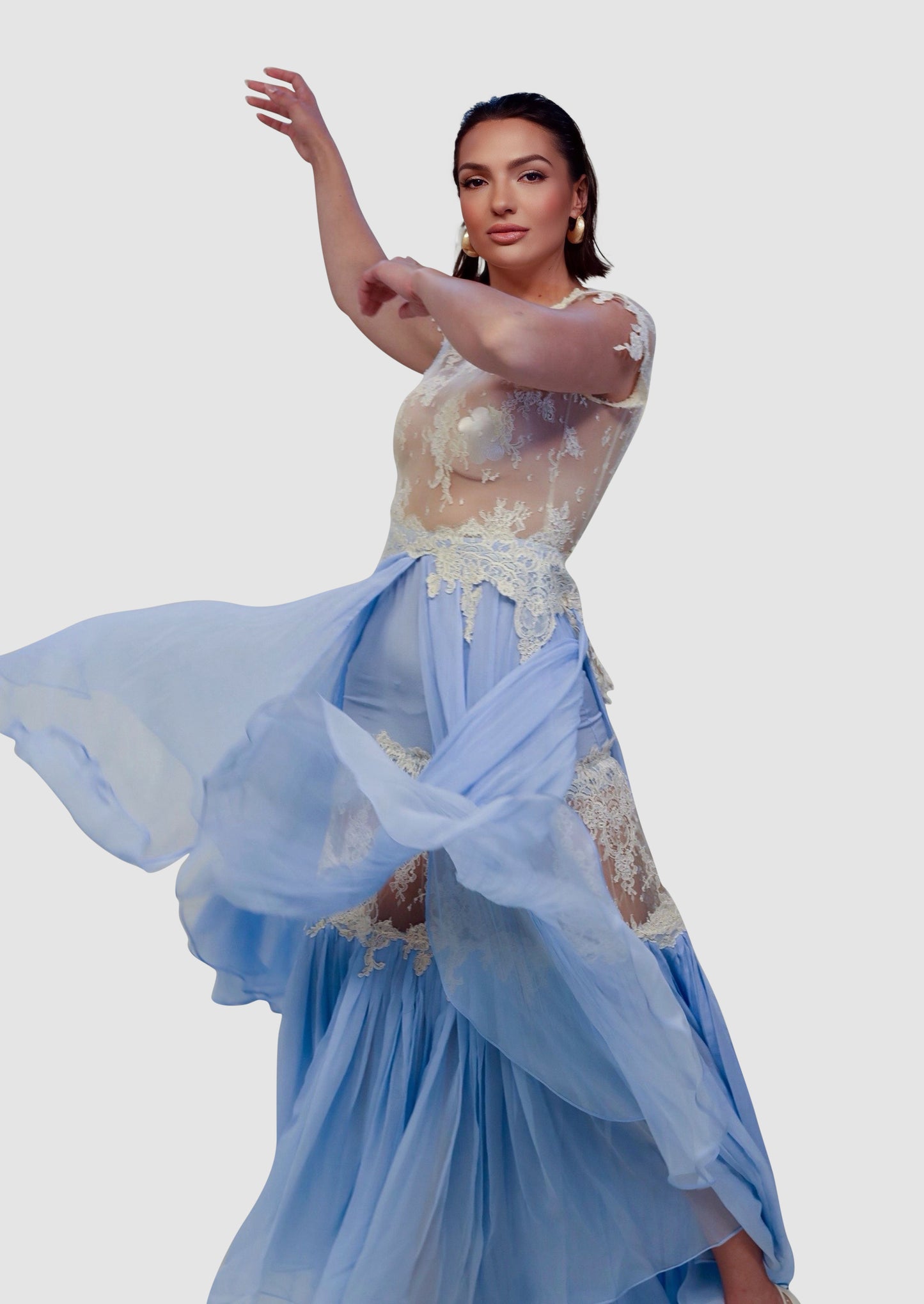 Sky Chantilly Lace Cascade Dress