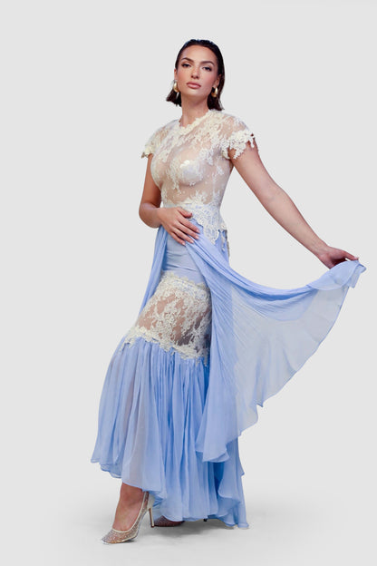 Sky Chantilly Lace Cascade Dress