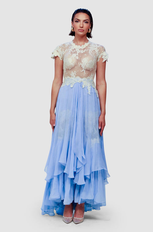 Sky Chantilly Lace Cascade Dress