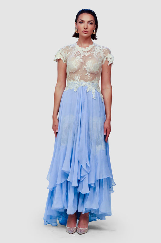 Sky Chantilly Lace Cascade Dress
