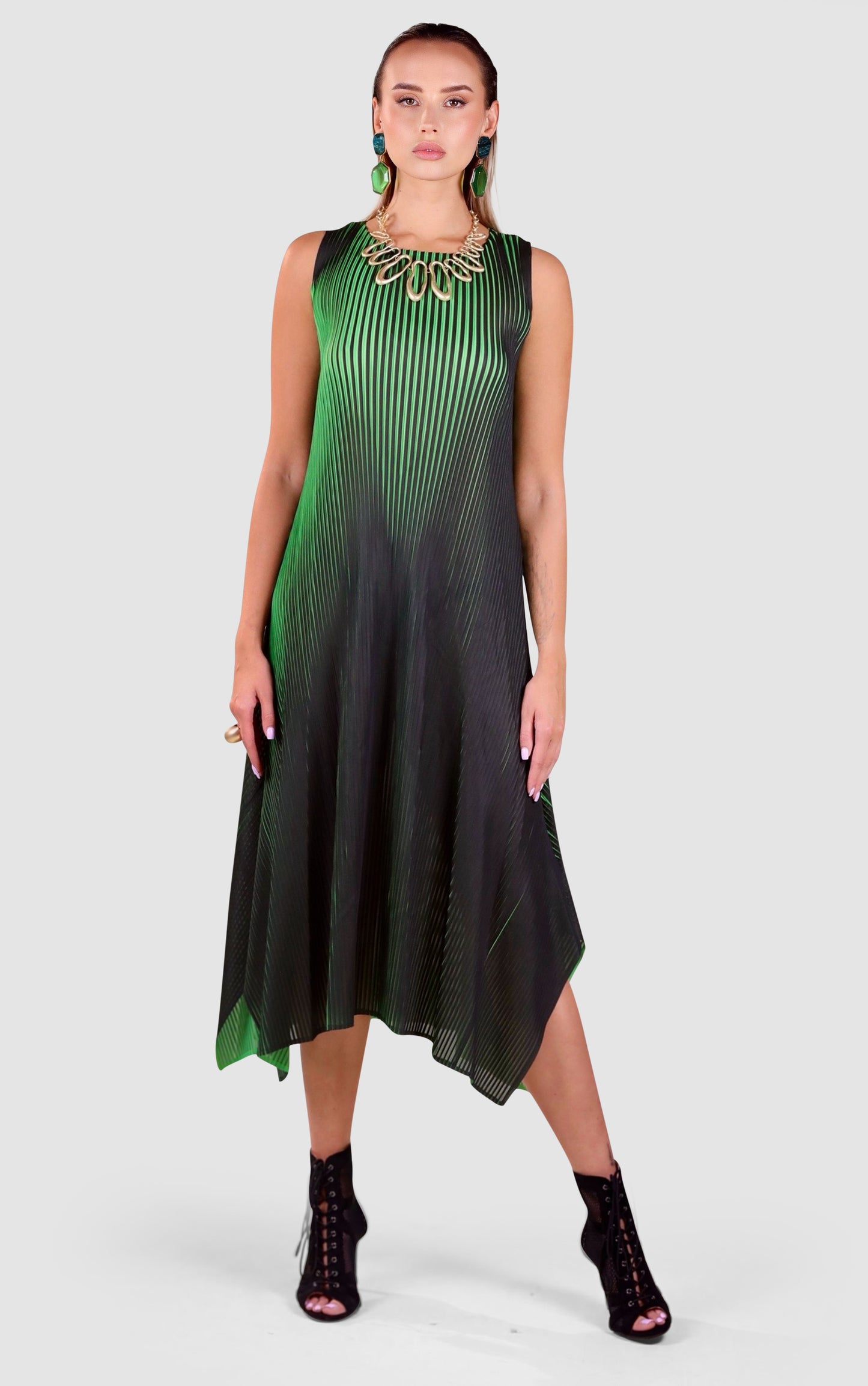 Pleated Gradient Dress with Matching Drape
