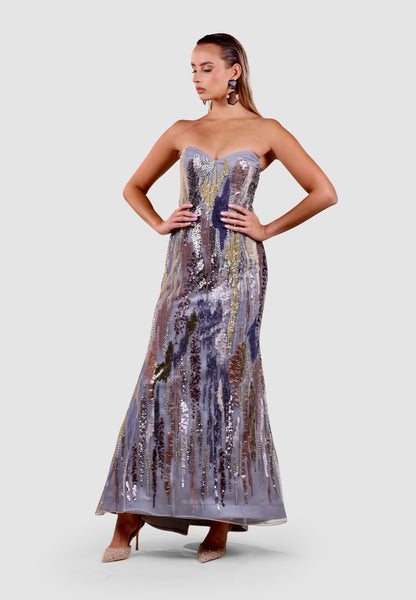 Iridescent Twilight Gown with Cascading Cape