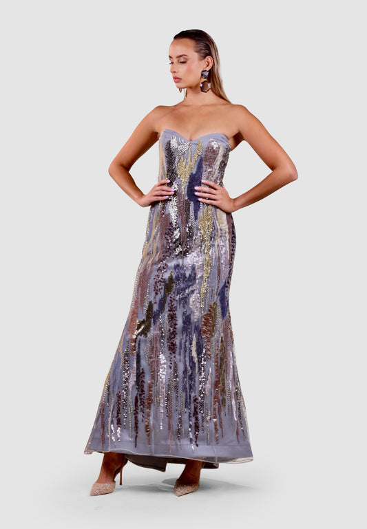 Iridescent Twilight Gown with Cascading Cape