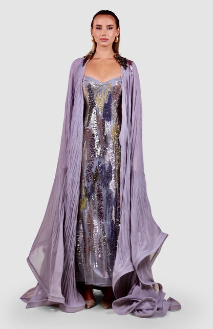 Iridescent Twilight Gown with Cascading Cape
