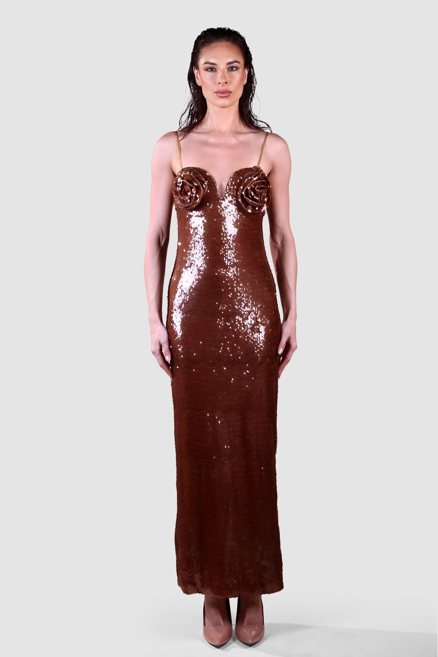 Rosette Sequin Column Gown