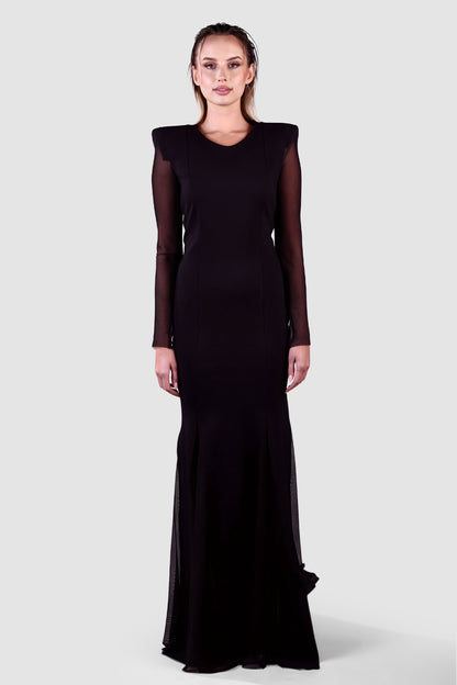 Noir Silhouette Mesh-Sleeve Gown