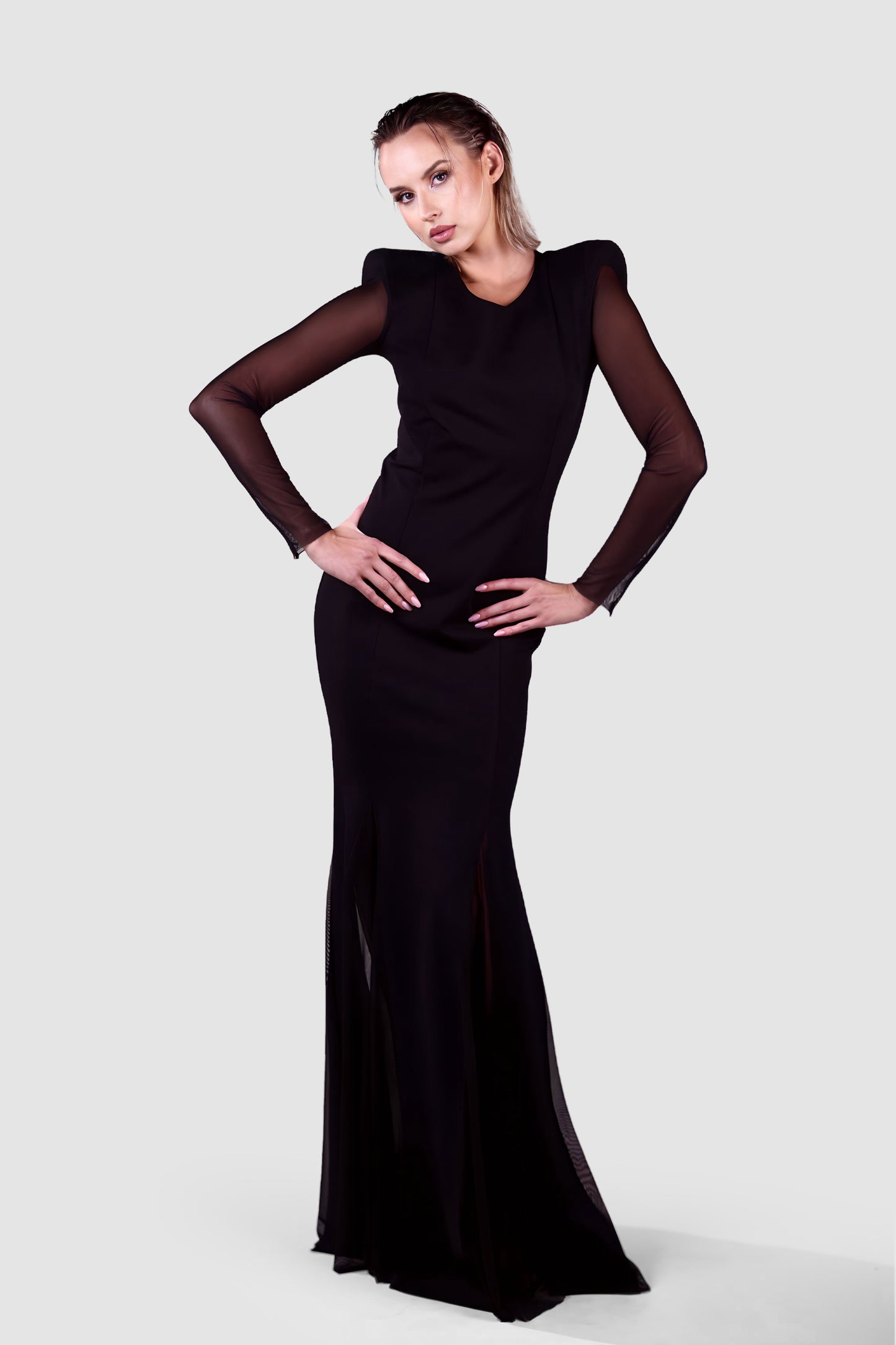 Noir Silhouette Mesh-Sleeve Gown