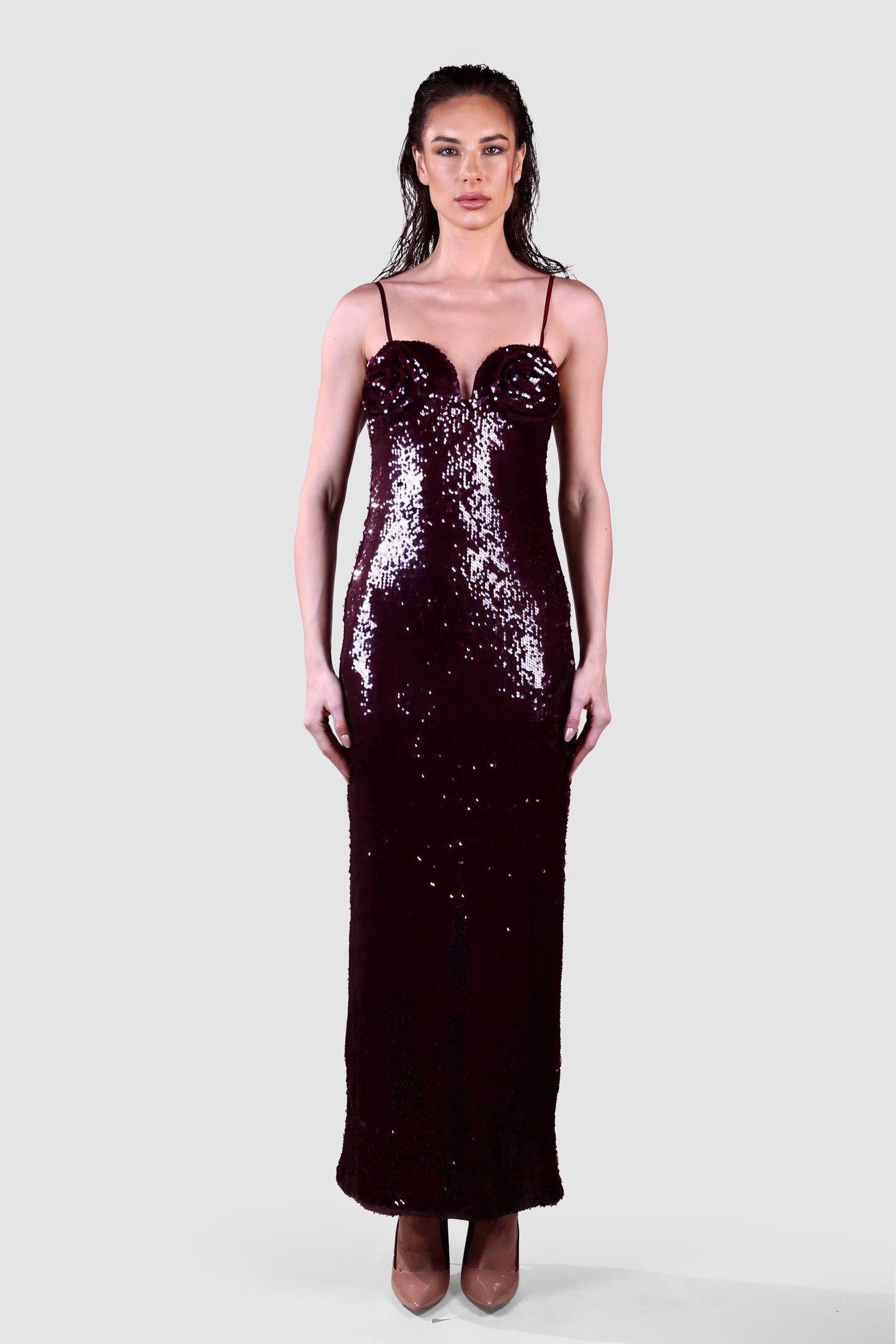 Rosette Sequin Column Gown