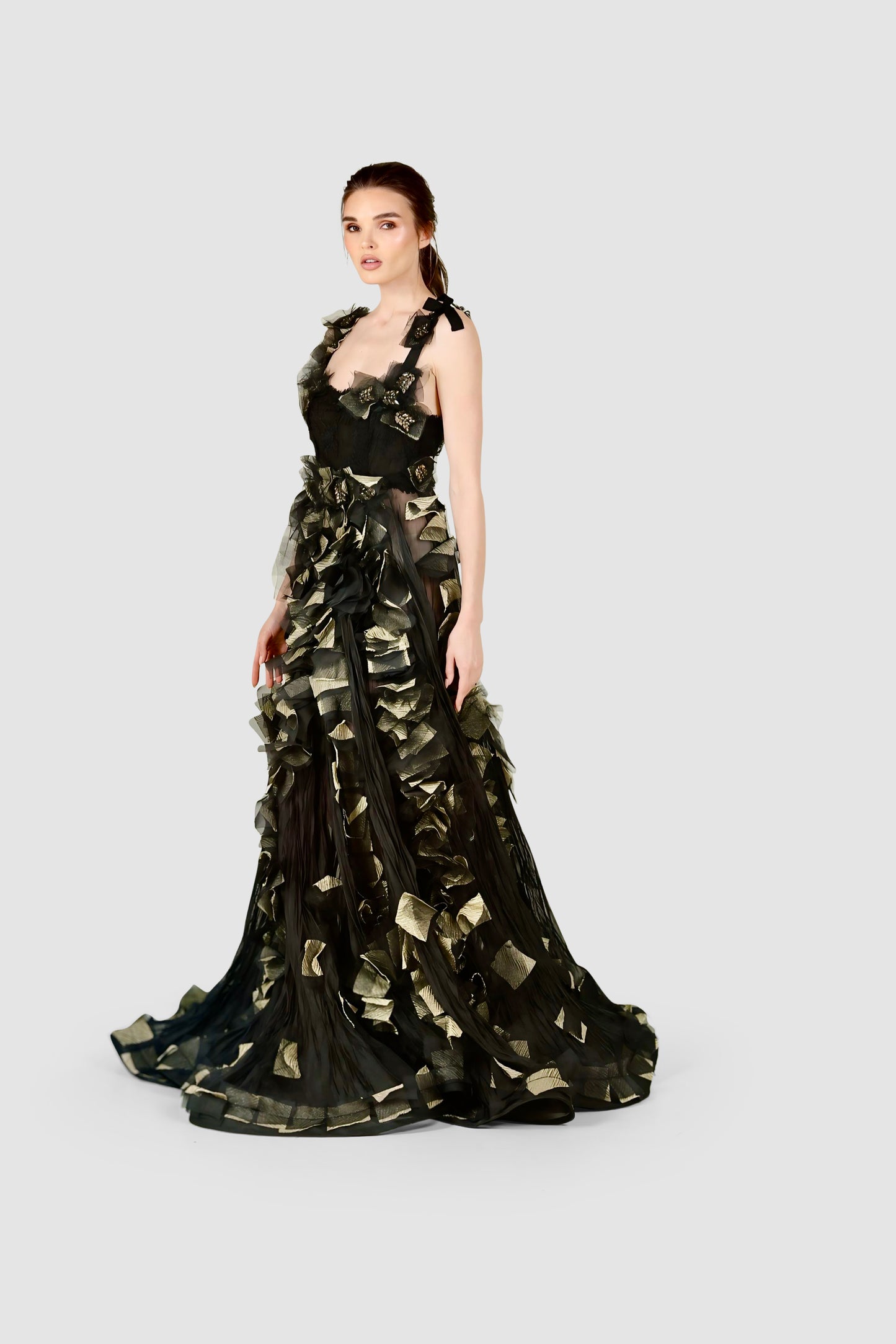 Black Chiffon & Gold Embellished Gown