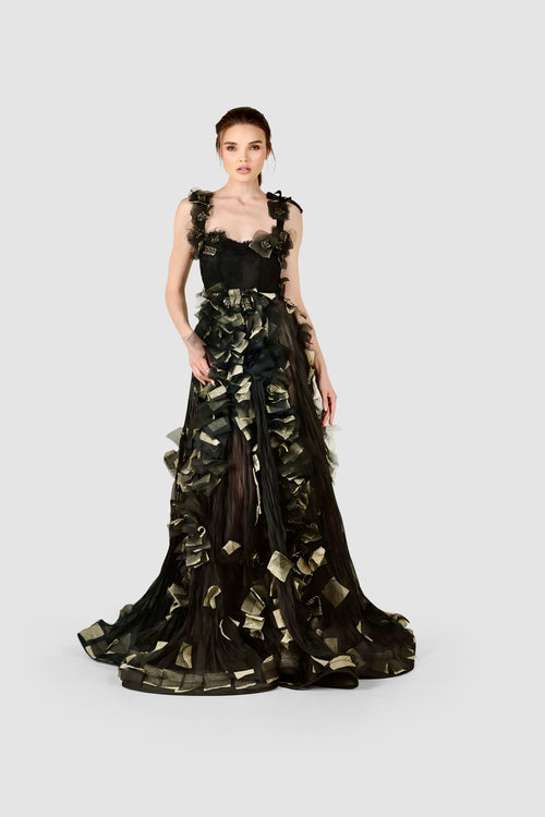 Black Chiffon & Gold Embellished Gown
