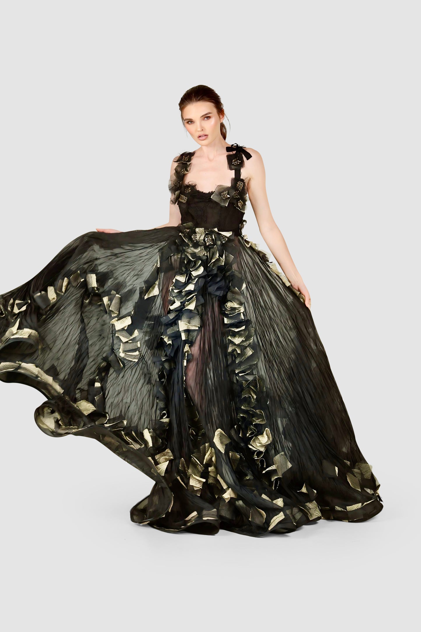 Black Chiffon & Gold Embellished Gown