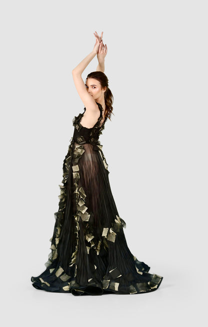 Black Chiffon & Gold Embellished Gown