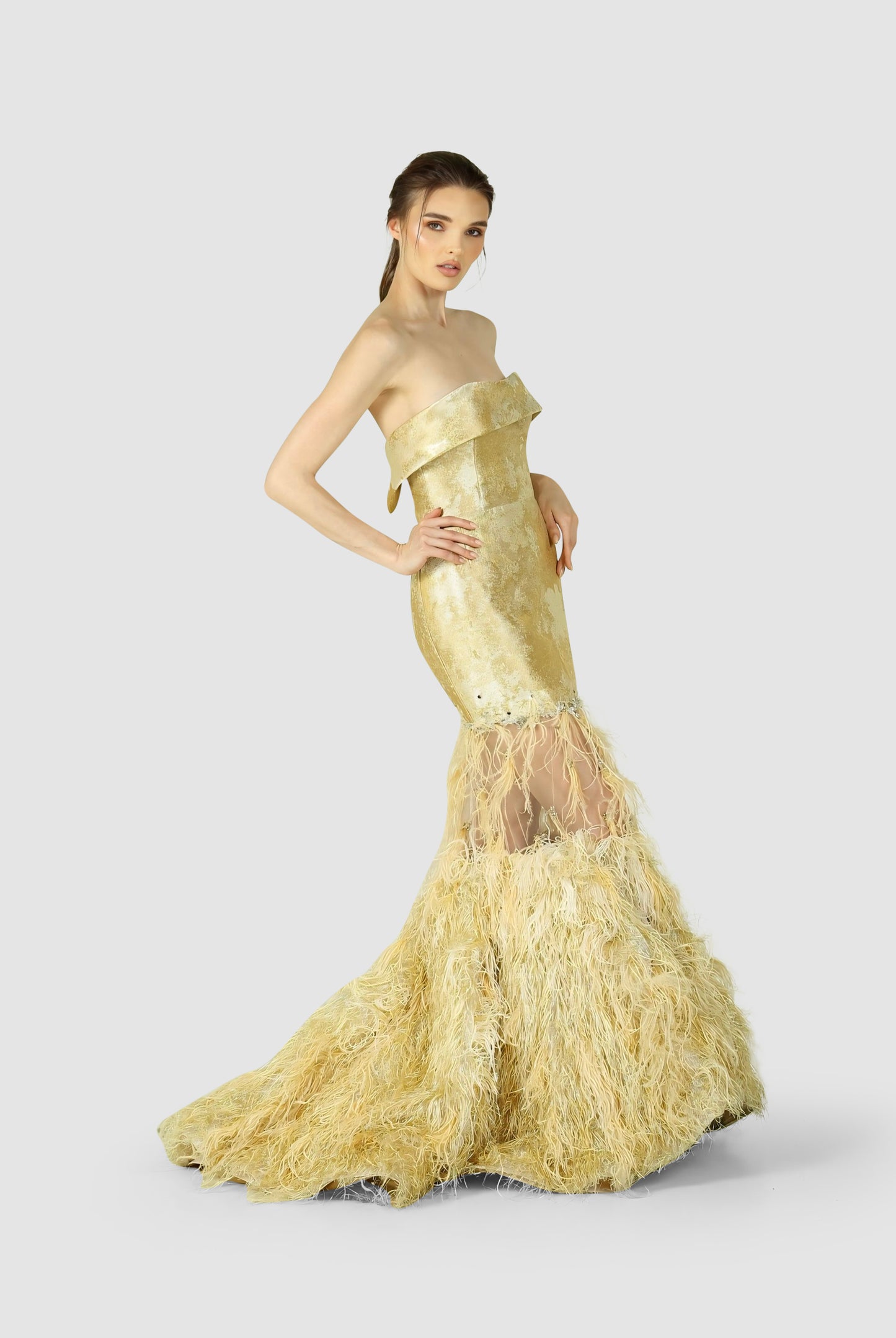 Golden Aura Gown – A Fusion of Glamour and Texture